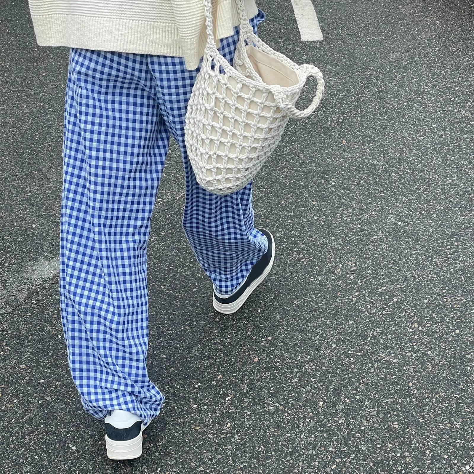 Combhasaki Women's Y2K Retro Aesthetic Wide Leg Drawstring Thin Pants Summer Casual Elastic Plaid Loose Trousers with Pockets dongdumaoyi