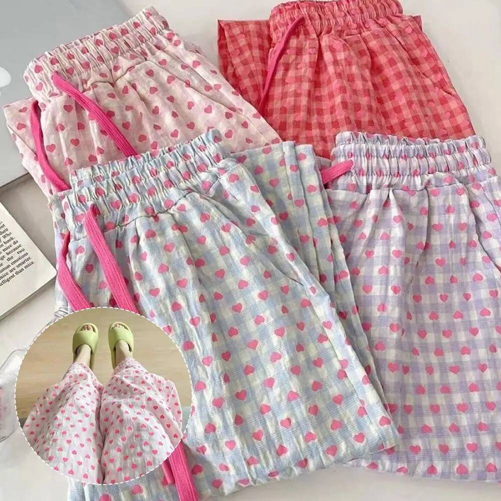 Summer Pama Woman Heart Print Gauze Home Trousers Casual Simple Ladies Sleeping Pants dongdumaoyi
