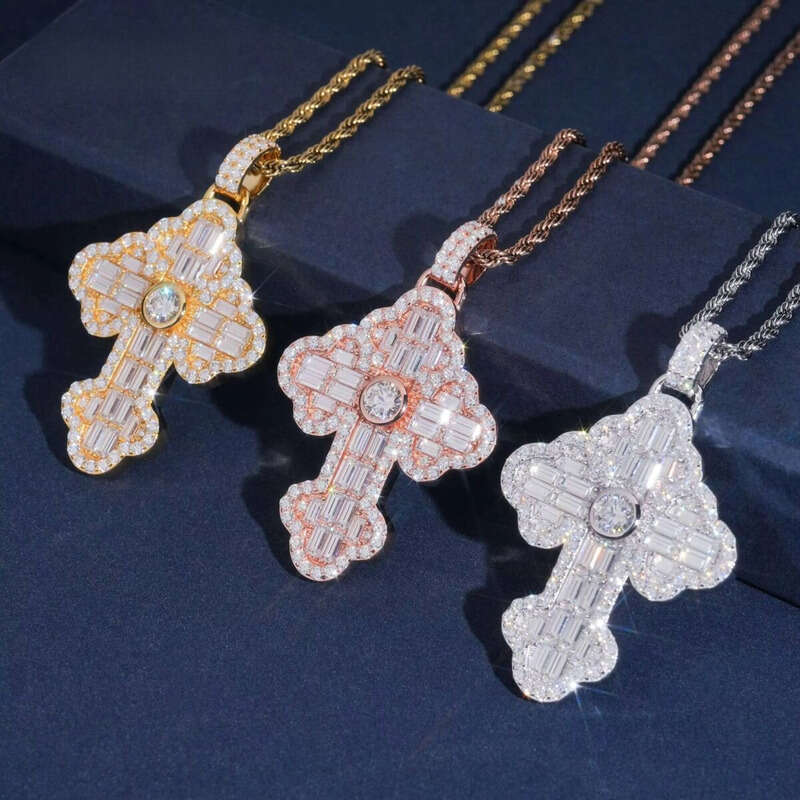 Hip Hop Style Tennis Chain Cross Necklace Sparkling Sterling Sier VVS Moissanite Custom Iced Out Pendant