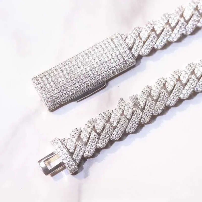 S Solid Sier Chain Jewelry 2rows 10mm 12mm Width GRA Moissanite Dia Cuban k chain Hip Hop Necklace