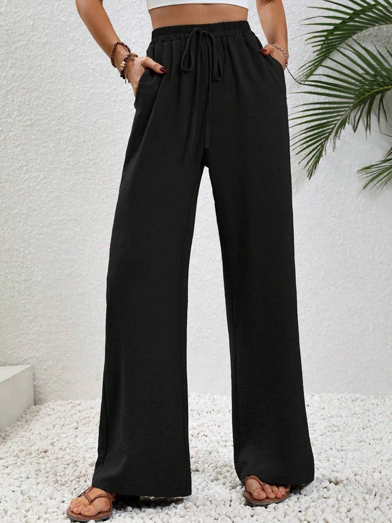 Women's Spring/Summer/Autumn New Solid Color Ice Silk Wide Leg Loose Casual Pants dongdumaoyi