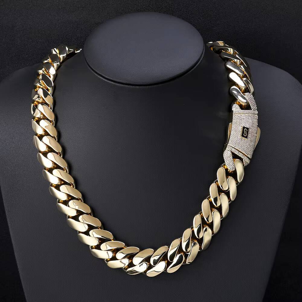 Voaino 9k14k18k Gold Plated Cuban Link Chain Lab Diamond Clasp Flat Miami Cuban Link for Men Women