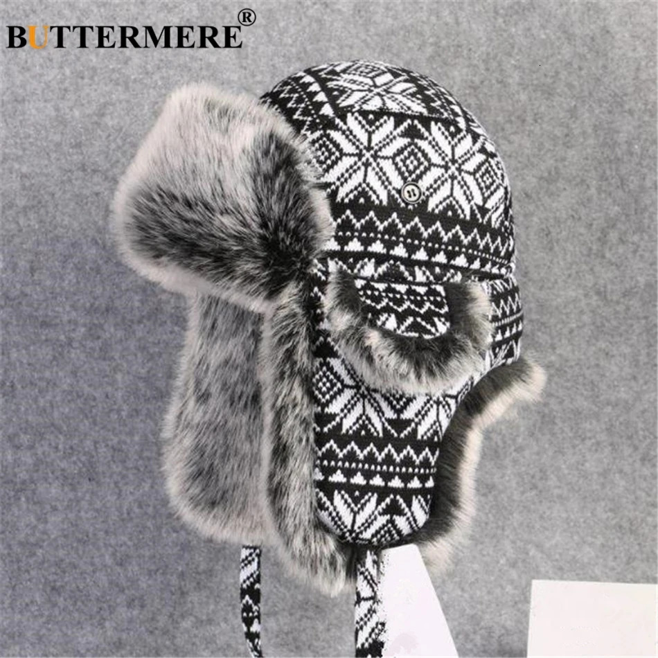 BUTTERMERE Russian Fur Hat Ushanka Black White Bomber Hats Male Female Ear Flaps Winter Thick Warm Knitting Outdoor Trapper Hat 250929