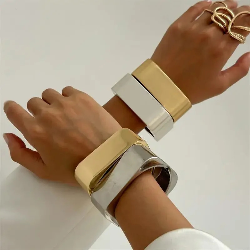Polished Gold or Silver Tone Wide Bangle Geometric Lightweight Cuff Bracelet For Fashion Forward Women H8WF 250930