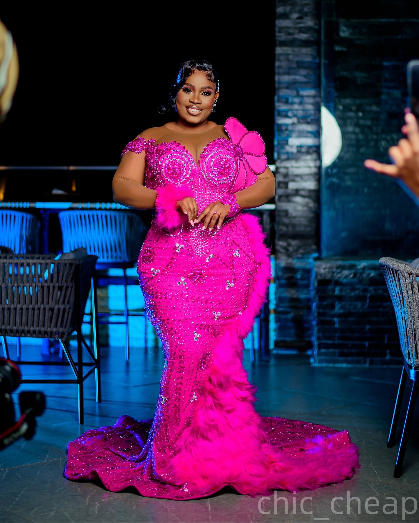 Mermaid Fuchsia Prom Dresses 2025 Beaded Crystals Feather Florals Evening Formal Party Second Birthday Engagement Gowns Plus Size Dress For Special Oc