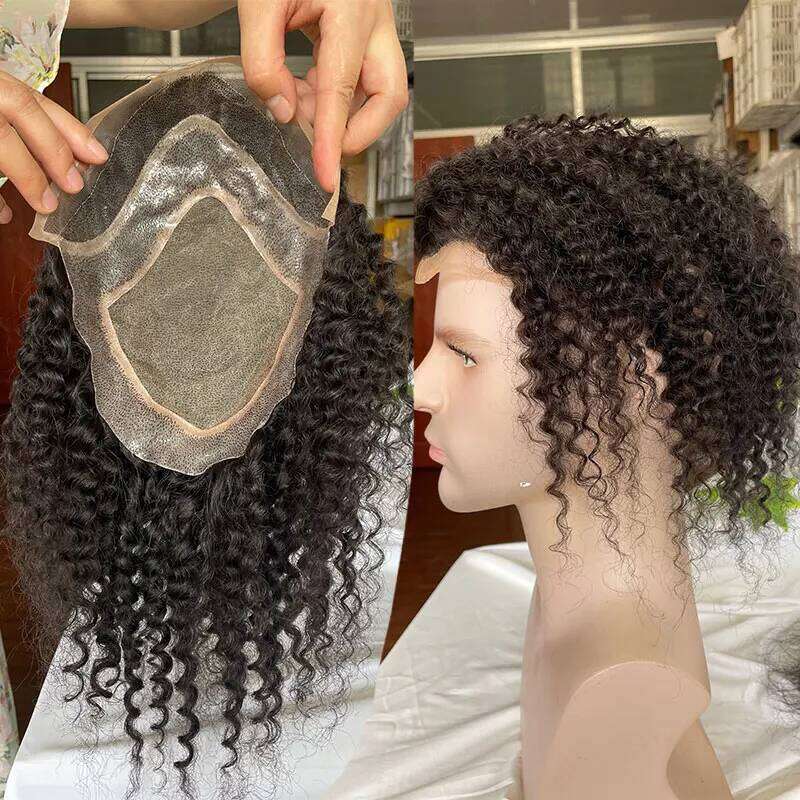 Toupee for Men Mono with PU Around Lace Systems Kinky Curly Wigs, Long Human Hair Natural Color 8x10''12inch
