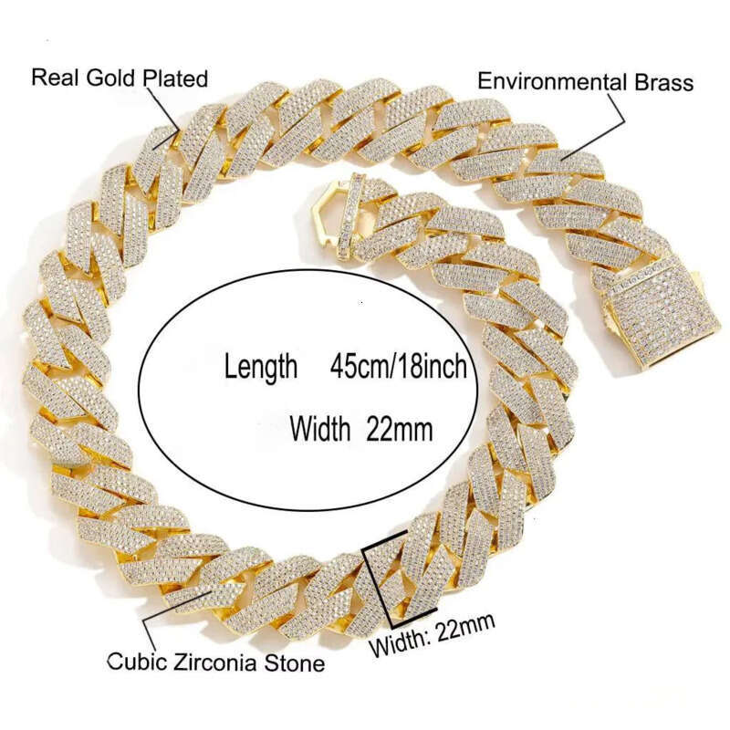 BES 22mm Iced Out 4 Rows CZ Dia Cuban Link Chain Gold Plated Fashion Hip Hop Jewelry Bracelet Necklace for Men