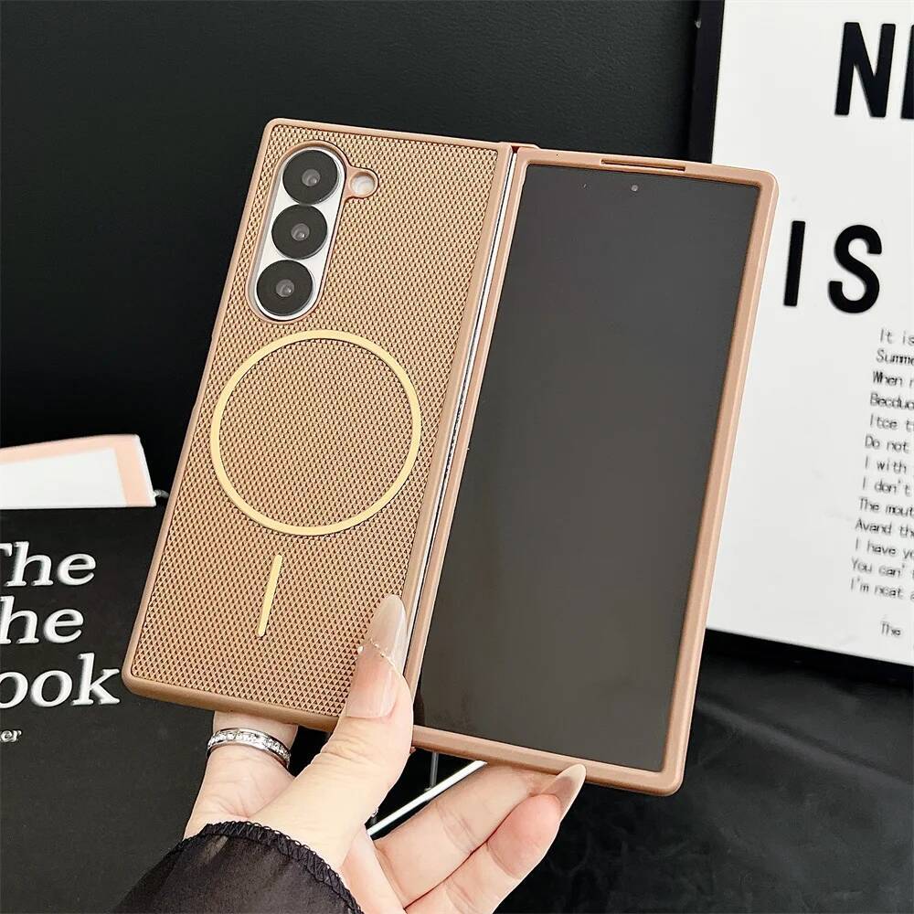 Magnetic Phone Case For Samsung Z Fold 7 6 5 4 3 5G Rhombus Texture PU Leather Hard PC Protective Cover