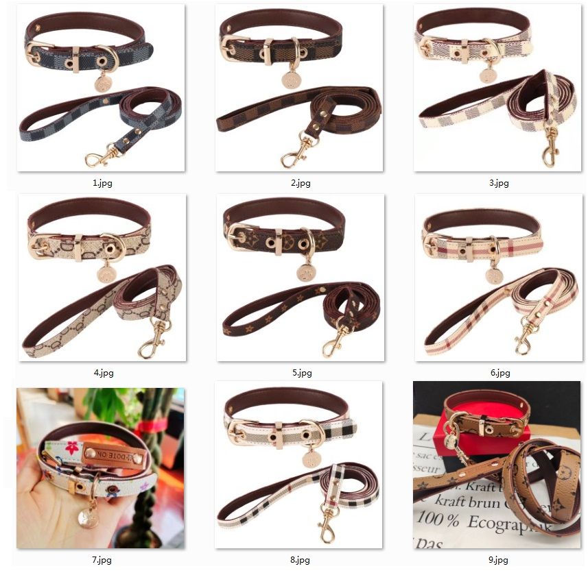 Designer Dog Collars Harness and Leashes Set Soft Adjustable Printed Leather Classic Pets Collar Leash Sets for Small Dogs Chihuahua Poodle Outdoor Du