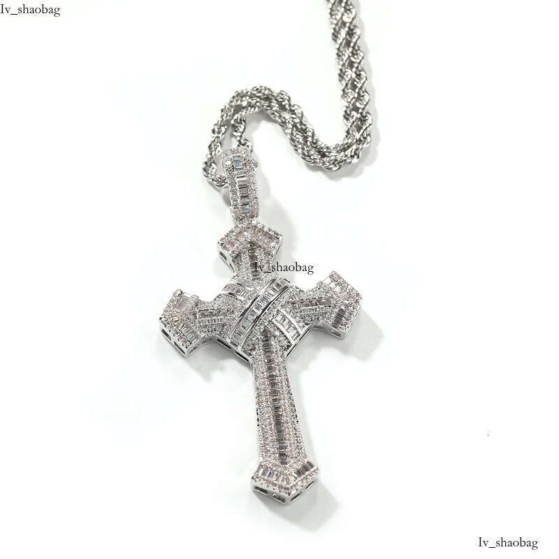 Hip Hop Cross Pendants Necklace Platinum Plated Men Women Lover Gift Religious Jewelry with Leather Rope Chain