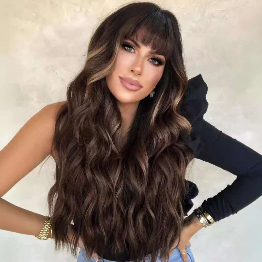 Temu Hot Selling for Women Black Gradient White Bangs Big Waves Long Curly Hair High Temperature Fiber Full Wig
