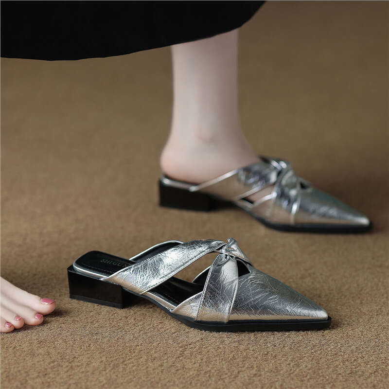Stunning Designer Shoe French Style silver Low heel Closed Mules for Women 2025 New Comfortable Pointed Toe Sandals