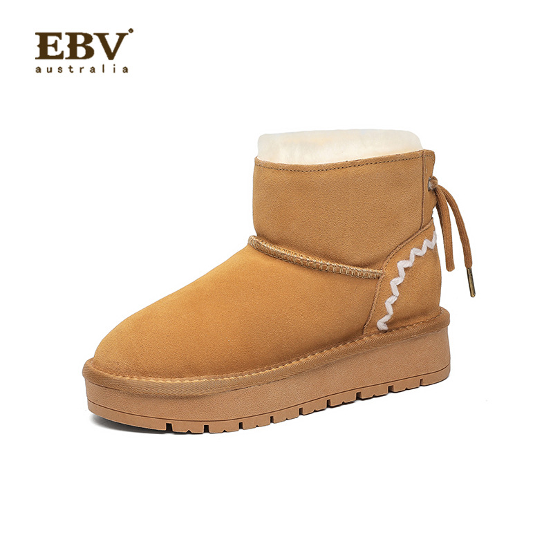 EBV designer shoes hot free shipping High quality Sheepskin fur on Leather short waterproof winter new keep warm plush bow cotton shoes for woman brow