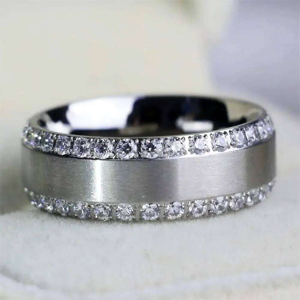 Couple Women White Rhinestones Zirconia Rings Set Simple CZ Stainless Steel Men Ring Wedding Jewelry For Lover Gifts