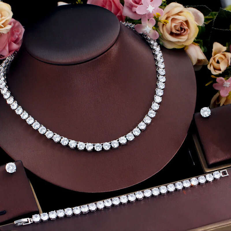 2024 Top Sell Wedding Sets Jewelry Gold Fill Round Cut White 5A Cubic Zircon CZ Dia Stud Earring Tennis Bracelet Women Necklace Gift