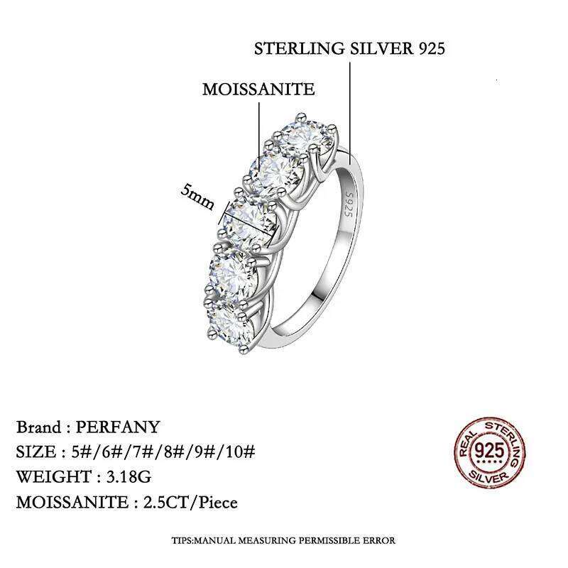 PERFANY 2.5/5CT Moissanite For Women S Pure Sier Five Gemstone Ring Wedding High-end Jewelry
