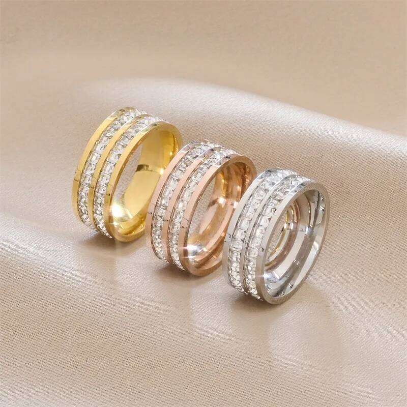 Gold Color Single Double Row Square Zircon Stainless Steel Ring For Women Romantic Engagement Wedding Party Jewelry Gifts