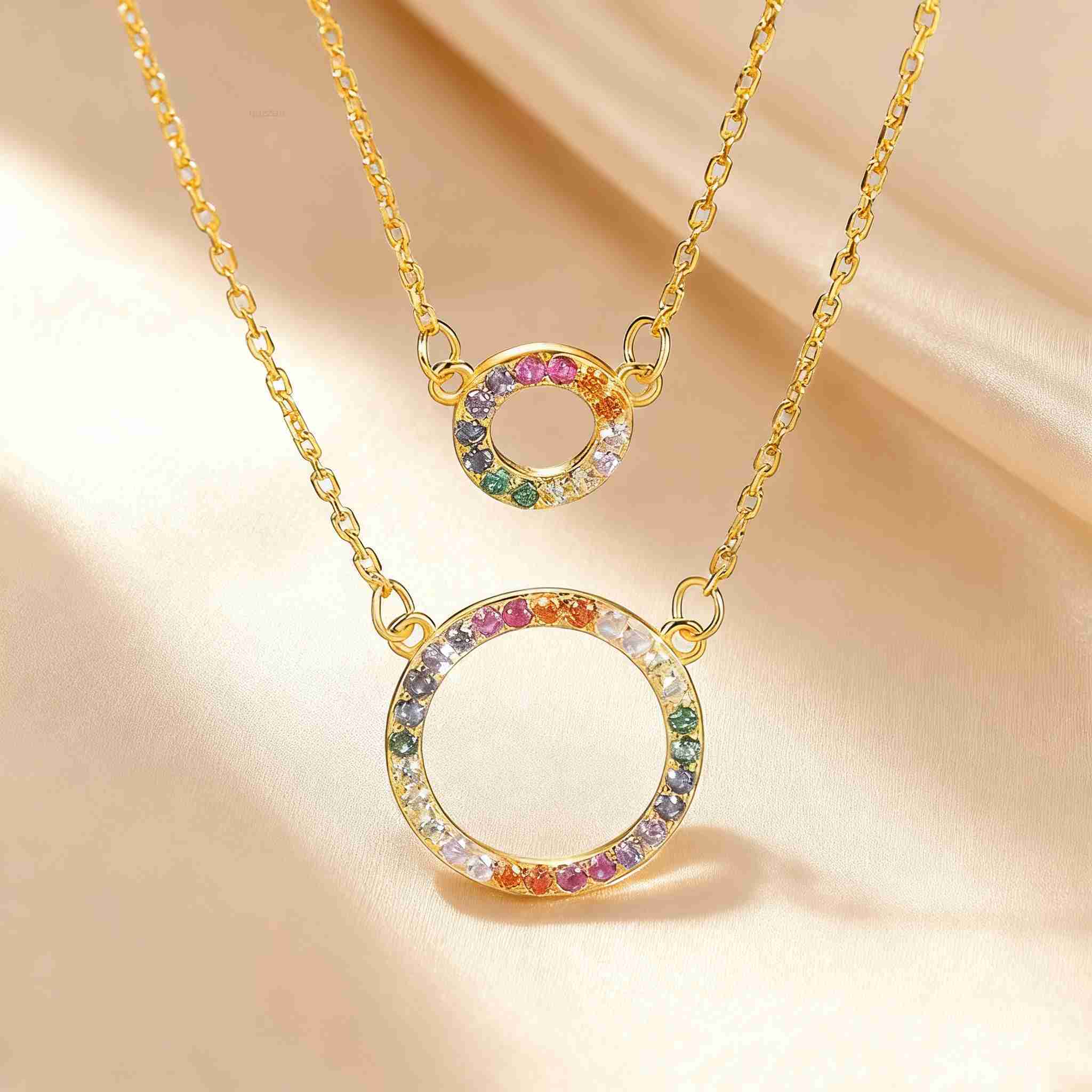 Summer Rainbow Fine Jewelry S925 Gold Plated Multi Colors Short Layered Moissanite Colorful Hollow Circle Pendant Necklace for Women