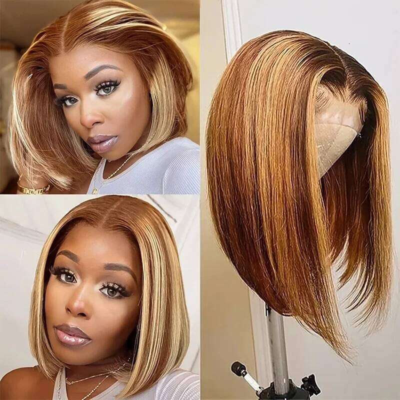 210% 4/27 HD Straight Short Highlight Bob Ombre Blond Human Hair Wigs 4X4x1 Lace Closure Wig Xiusiyuan2510
