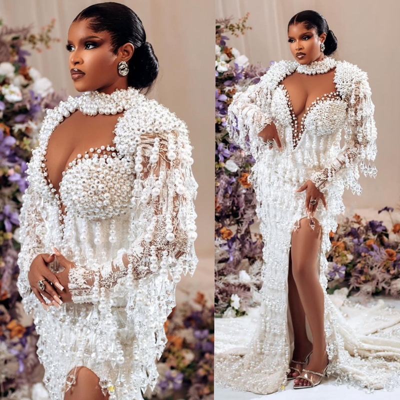 2025 Luxurious Wedding Dress Bridal Gowns For Bride Mermaid Illusion Sheer Neck Long Sleeves Appliqued Beaded Lace Side Split Pearls Wedding Gown For 