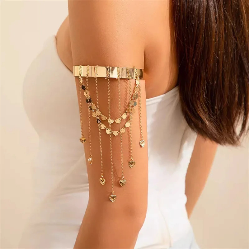 Vintage Star Heart Fringe Open Upper Arm Bangle for Women Gold Color Long Link Chain Bracelet Bohemia Star Party Jewelry Gift 250930