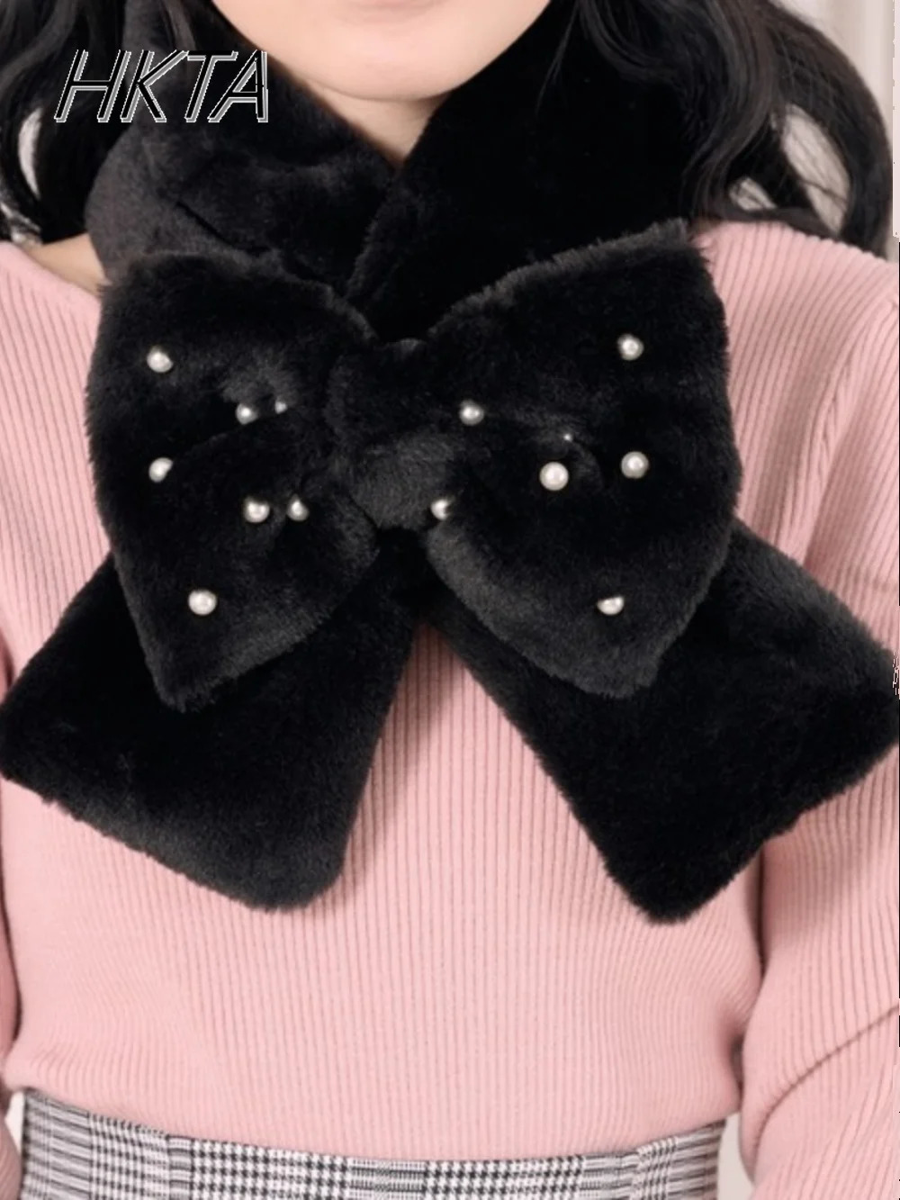 Japanese Original Bow Scarf Nail Bead Plush Rabbit Fur Scarf Cute Early Winter Thermal Scarf 250929