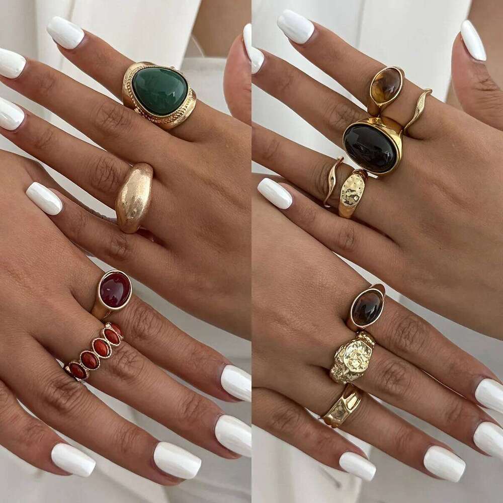 8Pcs/Set Vintage Brown Stone Open for Women Geometric Irregular Texture Index Finger Rings Set Simple Jewelry Accessories