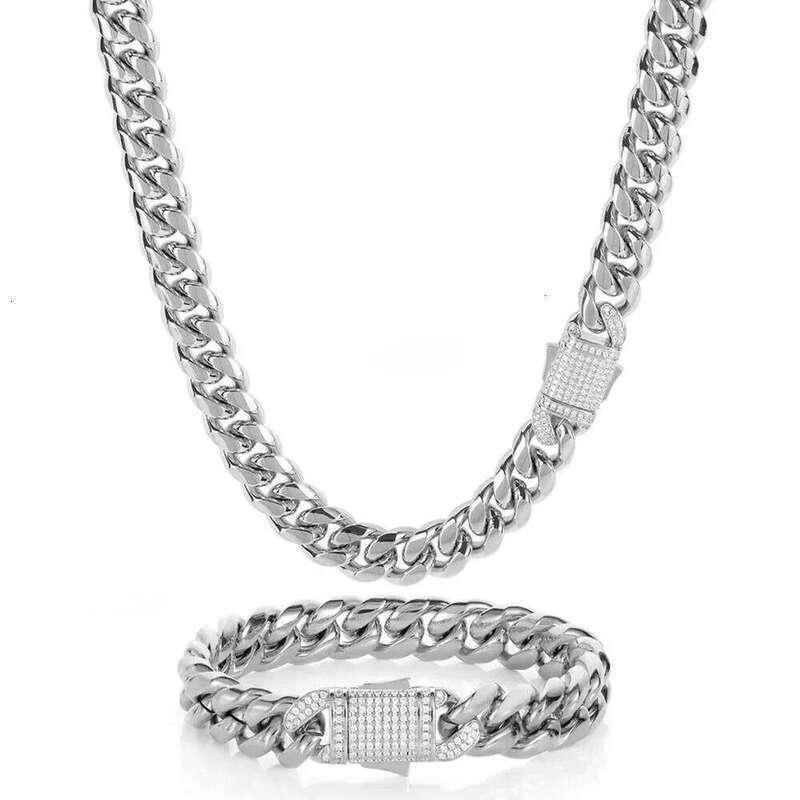 Hip Hop Miami Titanium Steel Mens Nece Bracelet Set with Zircon Spring Buckle Cuban Link Gold Chain Popular Jewelry chains