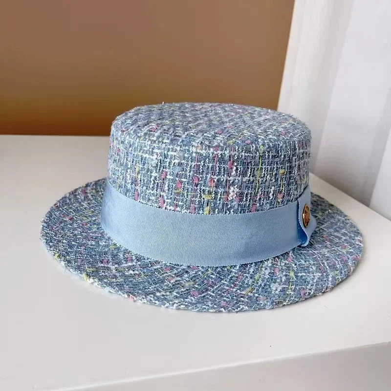 Europe and America xiao xiang style pearl flat top color jacquard hat pink tweed top hat womens autumn and winter fashion hats 250930