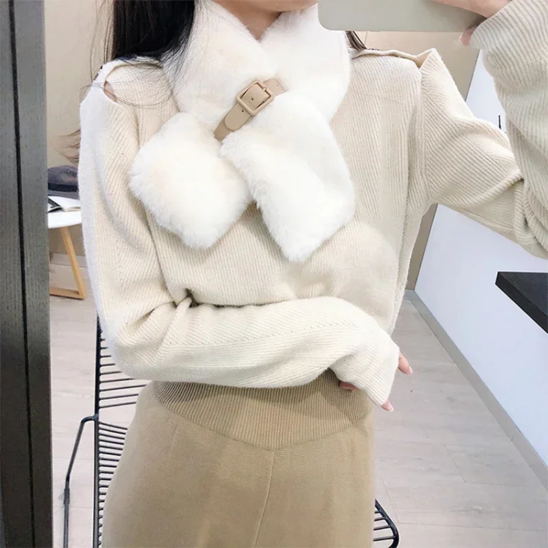 White Black Faux Rabbit Fur Collar Scarf Foulard Women Thick Warm Neck Scarves for Ladies Femme 250929
