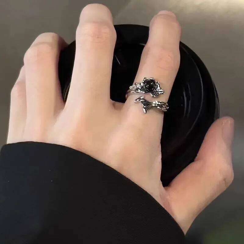 Gothic Irregular Gemstone Aesthetic Girls Adjustable Black Stone Women's Liquid Punk Ring Vintage Jewelry Accessories