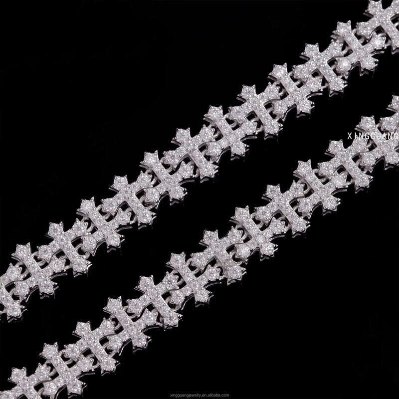 New Design Sterling Sier Gold Plated Link Bracelets Iced Out Vvs Moissanite Full Dia Cross Chain Bracelet