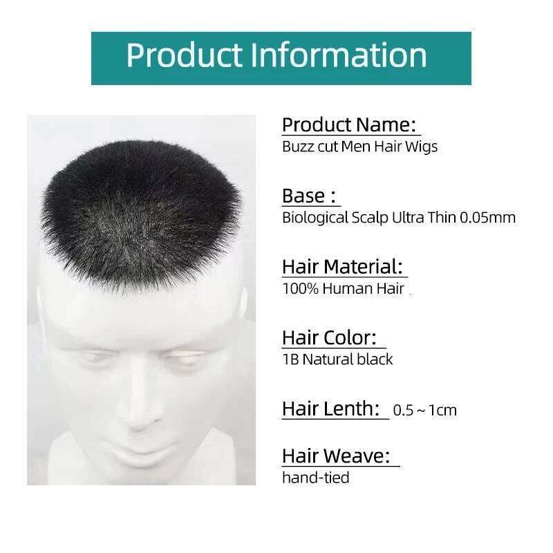 Buzz Cut 100% Human Men Toupee System Super Thin Skin Natural Black Short Hair Wig for Male