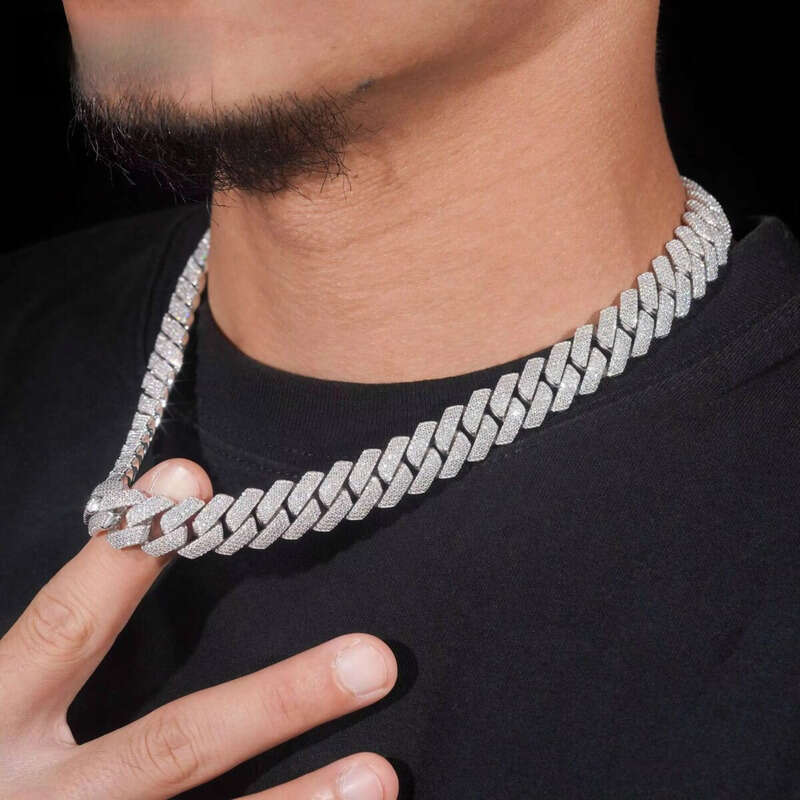 Iced Out Jewelry Hip Hop15mm 3Row Necklace S Gold Plated Pass Test VVS Moissanite Dia Cuban Link Chain
