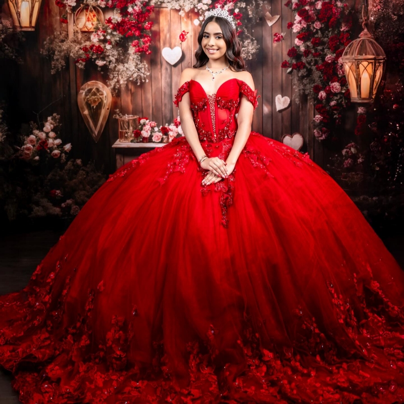 Red Quinceanera Dresses Off The Shoulder Applique Bow Beading Crystal Tull With Cape Party Birthday Sweet 16 Dress Vestidos 15 De Anos