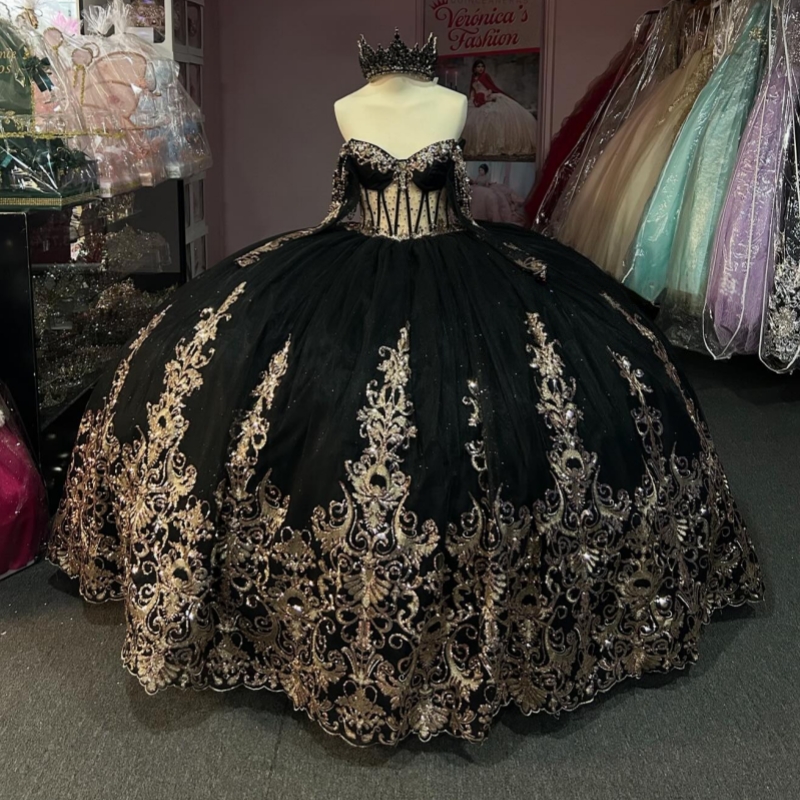 Black Shiny Quinceanera Dresses Off The Shoulder Gold Applique Lace Beading Crystal Tull Party Birthday Sweet 16 Dress Vestidos 15 De Anos