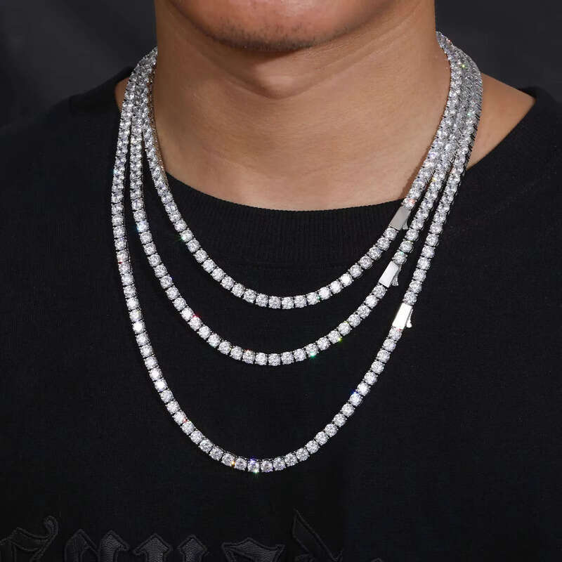 Fashion Men Women Jewelry Gift 5mm White Gold Plated Brass Prong Setting AAAAA Moissanite Dia Cluster Tennis Chain Bracelet Necklace