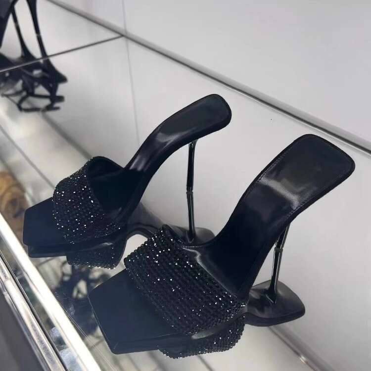 Rhinestone One-Strap for Women 2025 New Square Open Toe Thin Designer Shoe heel Sexy High heels Outdoor Sandals