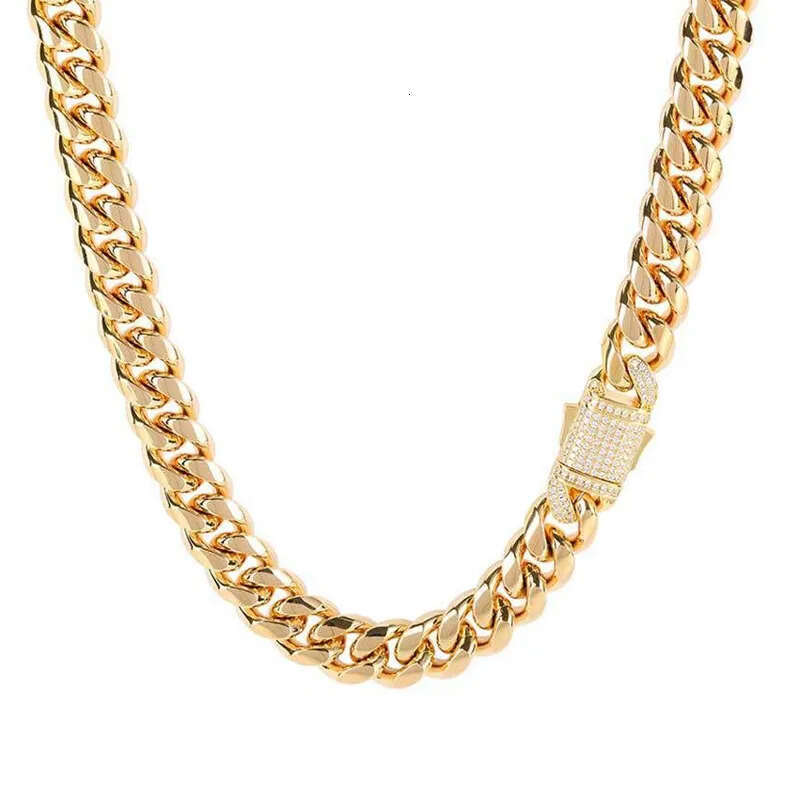 10/12MM Titanium Steel Plated Gold Miami Cuban Link Chain Mens Necklace Inlaid CZ Dia In Spring Buckle Personalized chains Hip Hop Designer Jewelry Gi