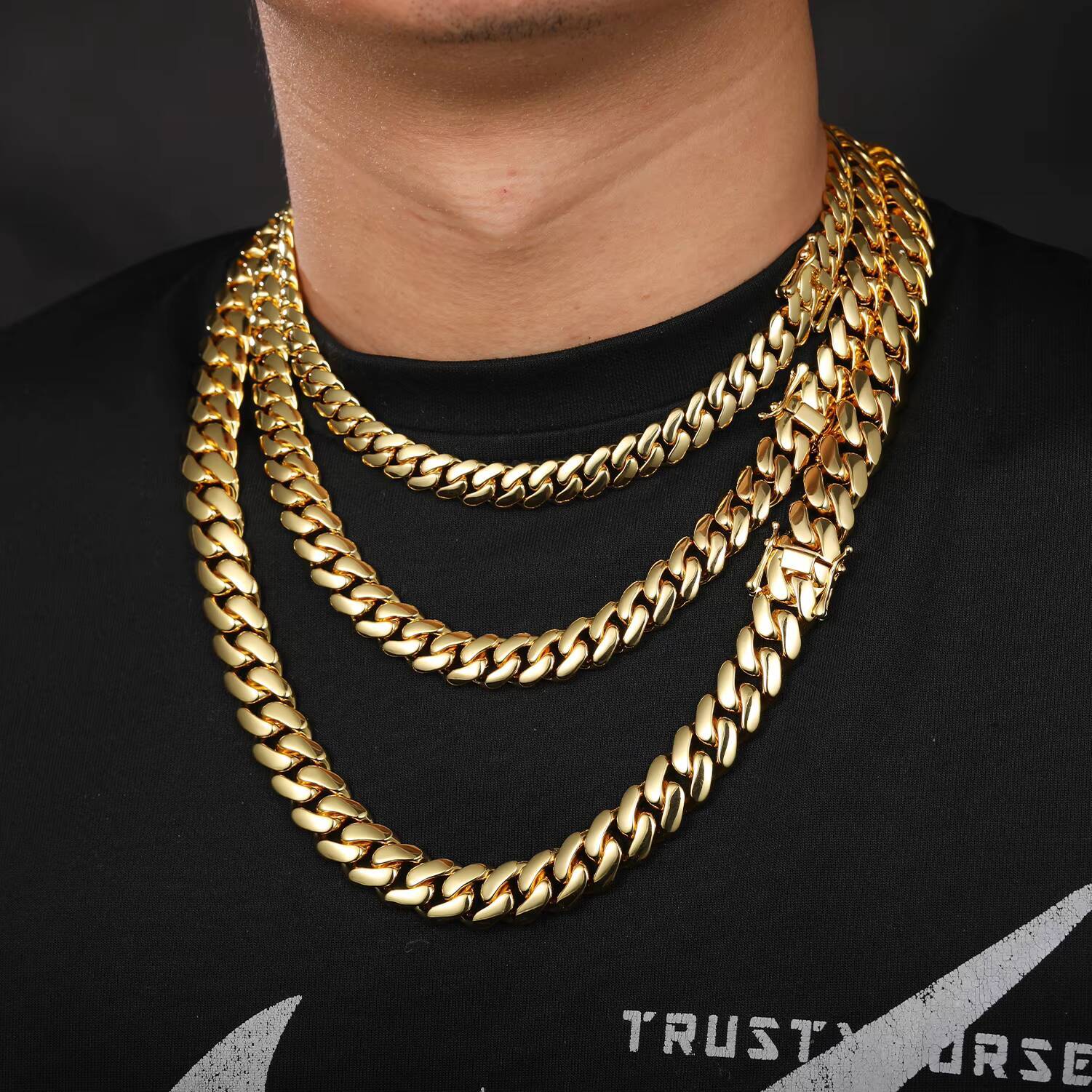Multisize 10mm22mm Necklace Wholesale Gold Plated Brass High Quality Hip Hop Jewelry Miami Cuban Link Chain for Men