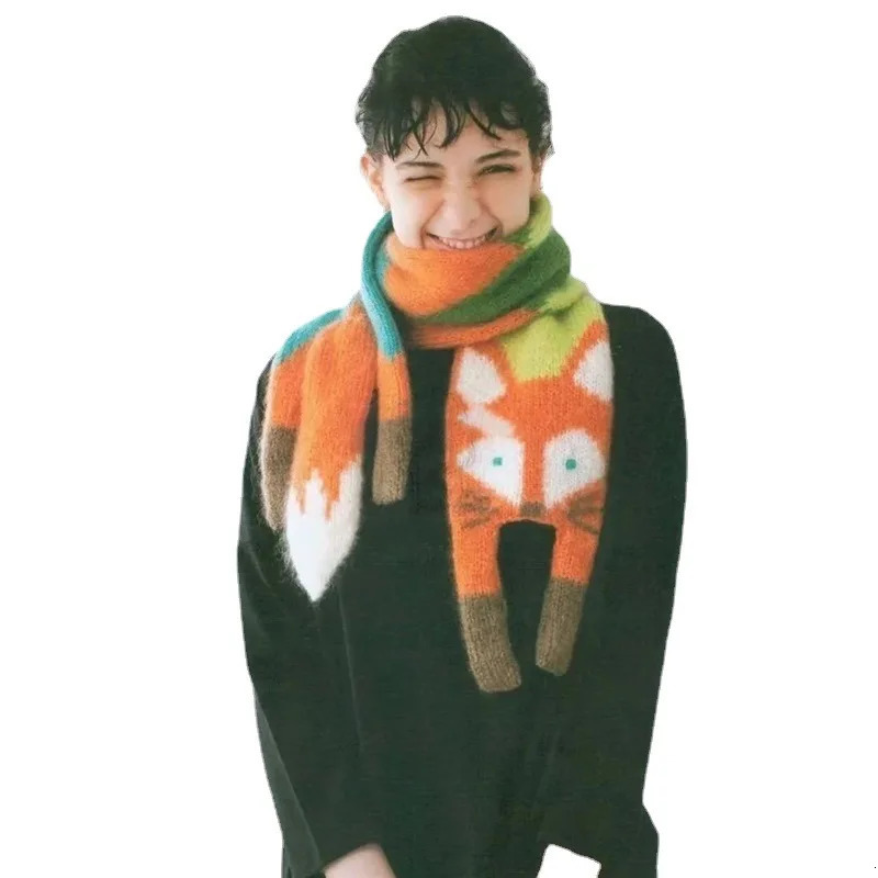 Autumn Winter Childrens Cartoon Fox Knitted Scarf Baby Boys Girls Warm Women Shawl Kids Female Knitted Animal Women Scarf 250929
