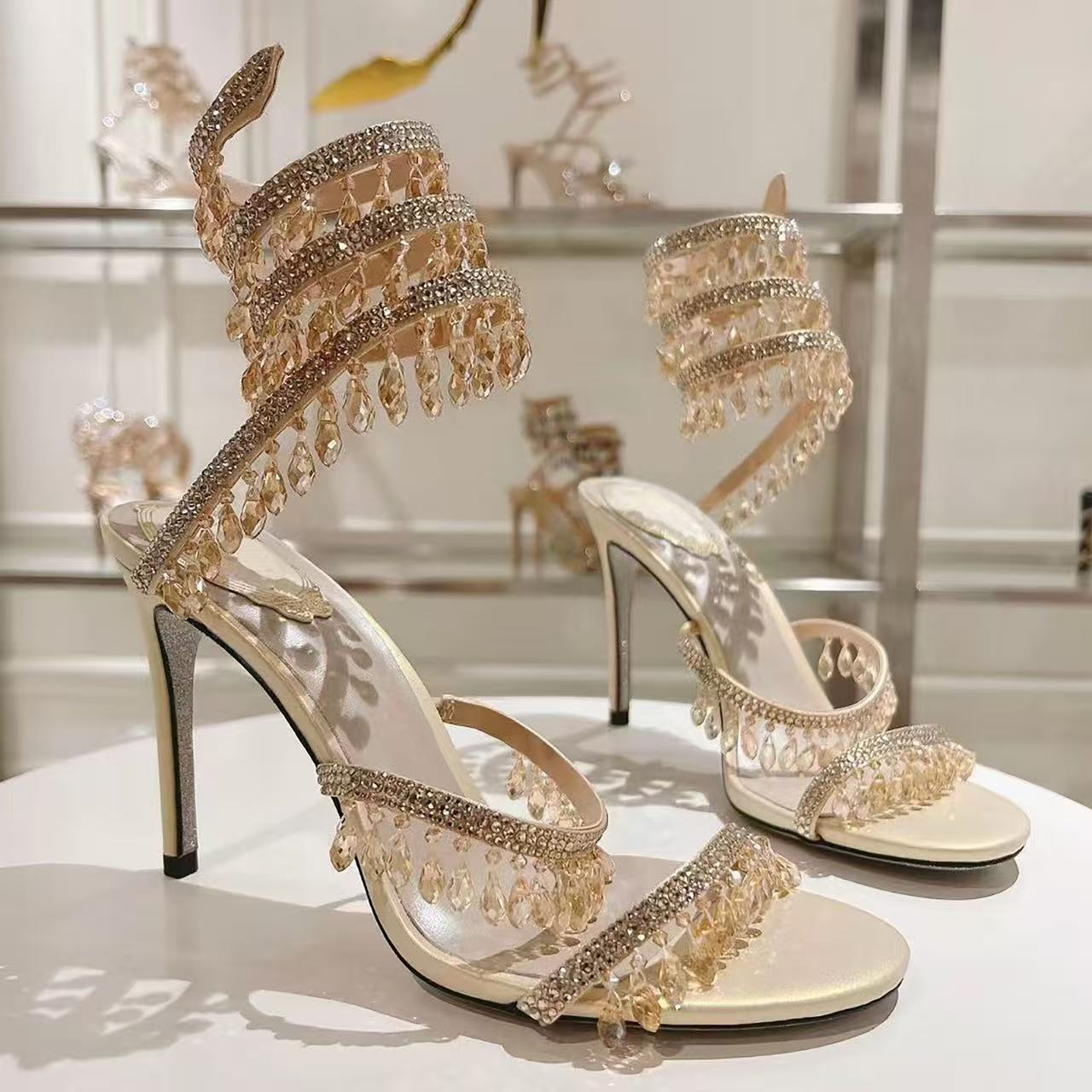 Crystals Embellished stiletto Heels sandals 95mm Ankle strap Wraparound women high heeled sandal rhinestone flower Evening shoes Large size
