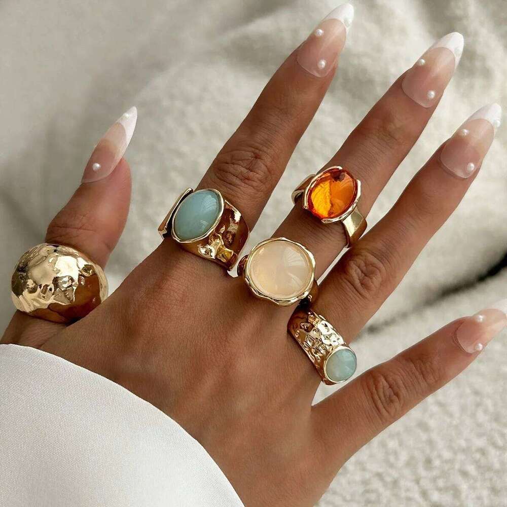Vintage Chic Stone Inlaid Ring Set for Women Simple Chunky Gold Color Geometric Rings Daily Wear Party Jewelry Gifts