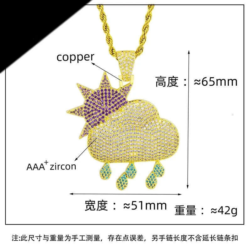 Iced Out Full Zircon Sun Cloud Rain Pendant Necklace with Free Rope Chain Gold Sier Plated Mens Women Hip Hop Jewelry Gift