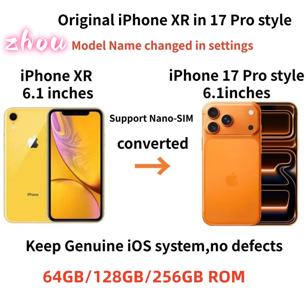 Refurbished Original Apple iphone XR in iphone 17 pro style phone 4G LTE unlocked coming with 17 pro box sealed 3GB RAM 256GB ROM OLED smartphone with battery 100 life