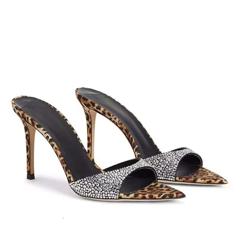 Leopard Print Sexy Rhinestone Ultra heel Sandals 2025 New Pointed Toe Stiletto Designer Shoe High heels for Women