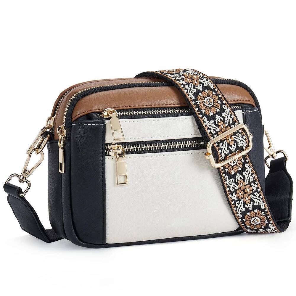 Stylish Wide Shoulder Bag Women's Multiple Pockets Faux Leather Crossbody Bags Adjustable Strap Travel Handbag Purse high-quality