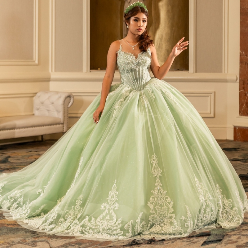 Sage Green Shiny Quinceanera Dresses Off The Shoulder Sequin Applique Lace Beading Tull Party Birthday Sweet 16 Dress Vestidos 15 De Anos