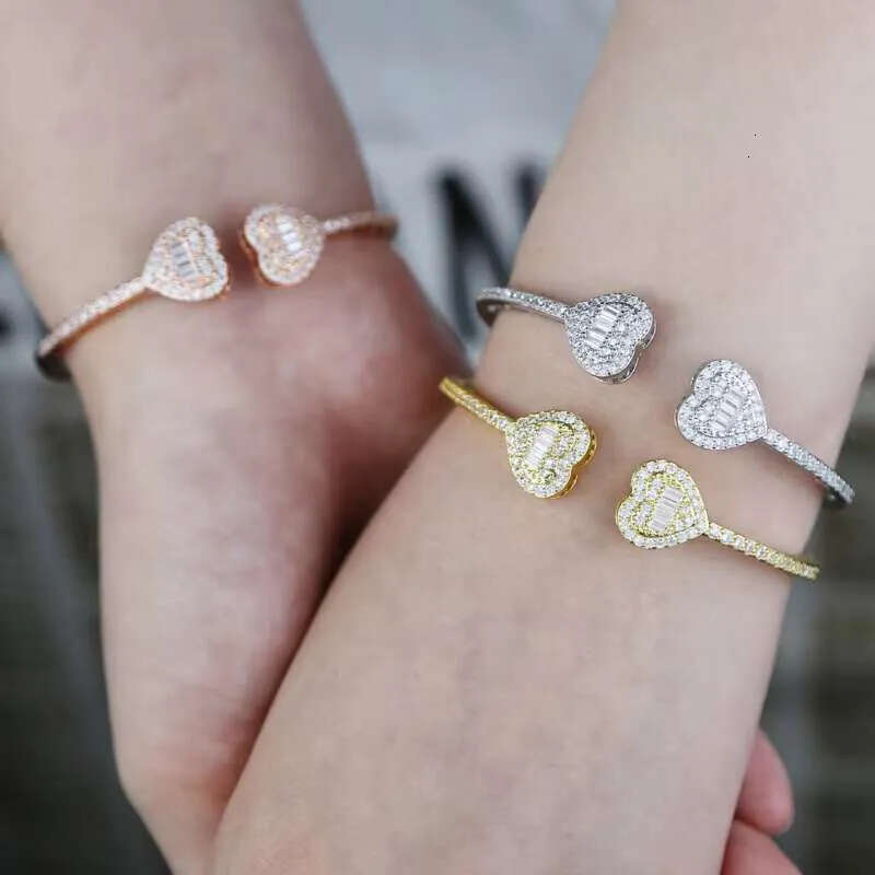 DHCollections Halo Heart Full of Dias CZ Bangles Gold Plated Spring Clasp Iced Out Open C Shaped Bangle Bracelet