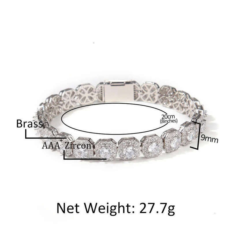 Bracelet necklace Moissanite chain Hip hop 9mm square rock sugar zircon bracelet with inset style design a niche item